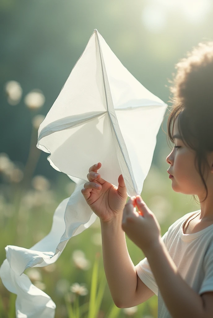 A kite made of white paper, and a person cutting out the surrounding paper