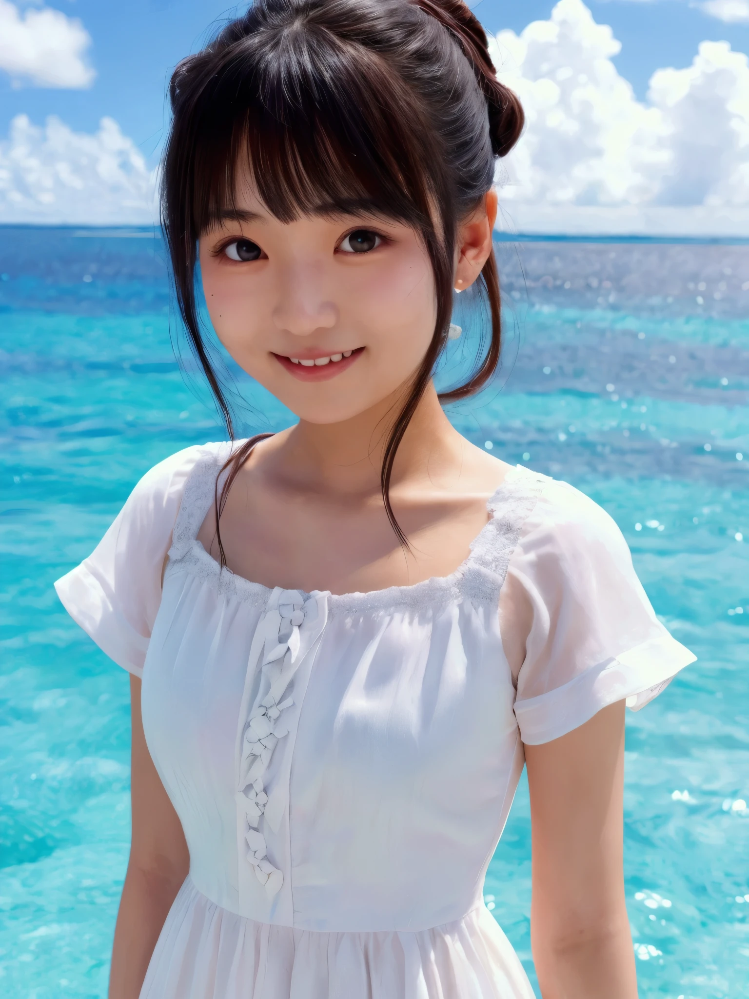 (((masterpiece))), (((full body photo))),(((water play)))、(((Sea)))、 (one beautiful girl, innocence,cute) ,ultra high resolution, reality, Super detailed, 8k,highest quality, very detailed, blurred background,thin,small breasts,(very beautiful japanese girl, detailed face:1.3), (Her hair tied up and tied up,black hair :1.4), (baby face,cute系,adorable girl), (perfect body:1.1),((cuteマイクロビキニ))、rosy cheekest smile,Super detailedな顔、detailed lipine eyes、small gravure idol,transparent skin、lolita,Photoreal:1.37、bright sunny day、crystal blue sea、shining sun、shimmering reflections of wavefronts、cold sea breeze、sexy pose、