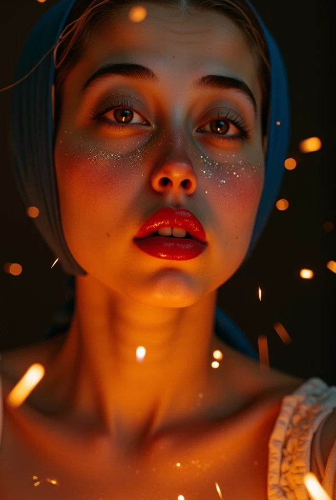 A movie film still of super very close-up portrait of a beautiful 18 year old woman with a mesmerizing and intense gaze, her face illuminated by warm, glowing light. She has glittering gold dust on her face, gold reflection in her eyes, and her lips are a deep, glossy red with shiny sparkles. The background is dark, with sparks and embers floating around her, creating a mystical and fiery atmosphere. Her expression is one of awe and wonder, with eyes reflecting the glowing light. Her hair is slightly messy, adding to the dramatic and ethereal feel of the scene. soaked film, 4k , 8k ,UHD, slightly sweaty skin, arms up, sleeveless, armpit, collarbone, photorealistic,
