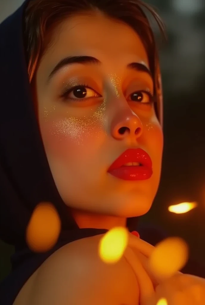 A movie film still of super very close-up portrait of a beautiful 18 year old woman with a mesmerizing and intense gaze, her face illuminated by warm, glowing light. She has glittering gold dust on her face, gold reflection in her eyes, and her lips are a deep, glossy red with shiny sparkles. The background is dark, with sparks and embers floating around her, creating a mystical and fiery atmosphere. Her expression is one of awe and wonder, with eyes reflecting the glowing light. Her hair is slightly messy, adding to the dramatic and ethereal feel of the scene. soaked film, 4k , 8k ,UHD, slightly sweaty skin, arms up, sleeveless, armpit, collarbone, photorealistic,
