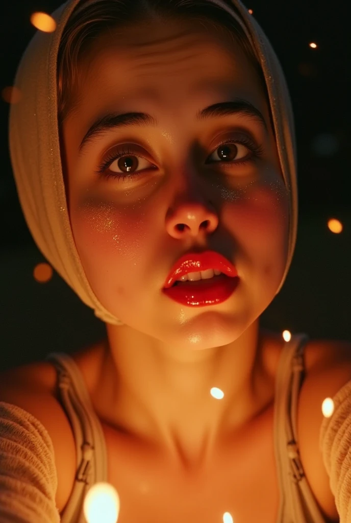 A movie film still of super very close-up portrait of a beautiful 18 year old woman with a mesmerizing and intense gaze, her face illuminated by warm, glowing light. She has glittering gold dust on her face, gold reflection in her eyes, and her lips are a deep, glossy red with shiny sparkles. The background is dark, with sparks and embers floating around her, creating a mystical and fiery atmosphere. Her expression is one of awe and wonder, with eyes reflecting the glowing light. Her hair is slightly messy, adding to the dramatic and ethereal feel of the scene. soaked film, 4k , 8k ,UHD, slightly sweaty skin, arms up, sleeveless, armpit, collarbone, photorealistic,
