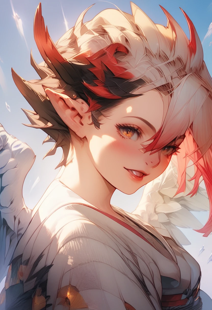 A harpy girl with short white hair with some red highlights, white wings