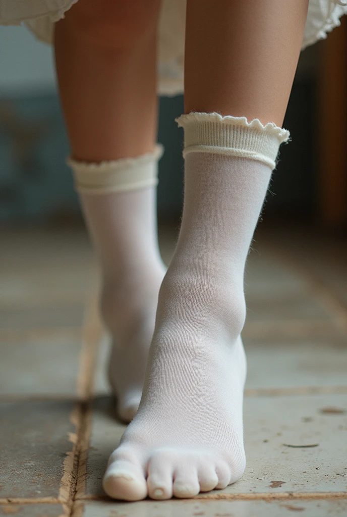 <lora:rufflesocks:0.75> rufflesocks, white socks, lace socks, foot_focus, foot close-up,