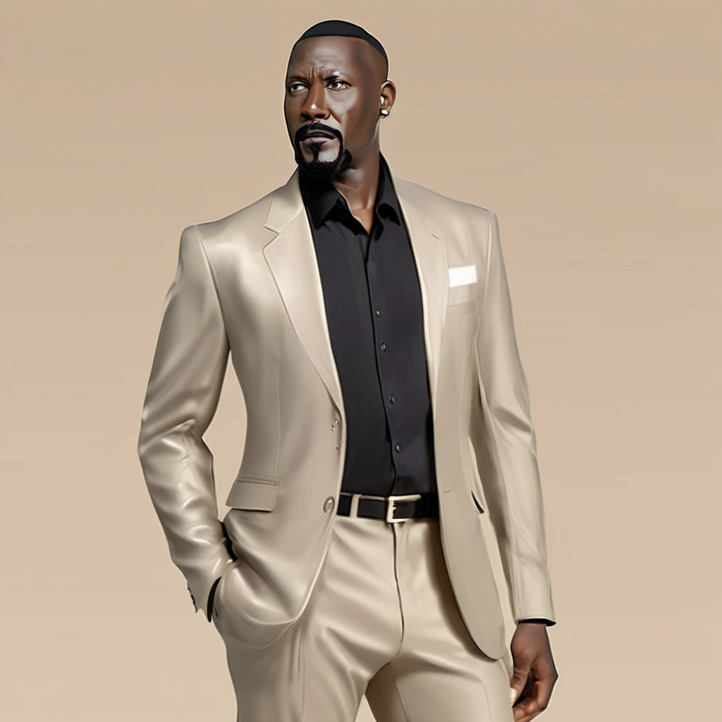 Liquid Metal Tall black man, slightly overweight, with a shaved, round head looking directly at the camera, wearing small earrings and a well-shaped black goatee with white hairs only at the tip of his chin, wearing a business suit with a slim beige/sand blazer # eed39c and light beige pants, matte color, adjusted to size without excess and well pressed