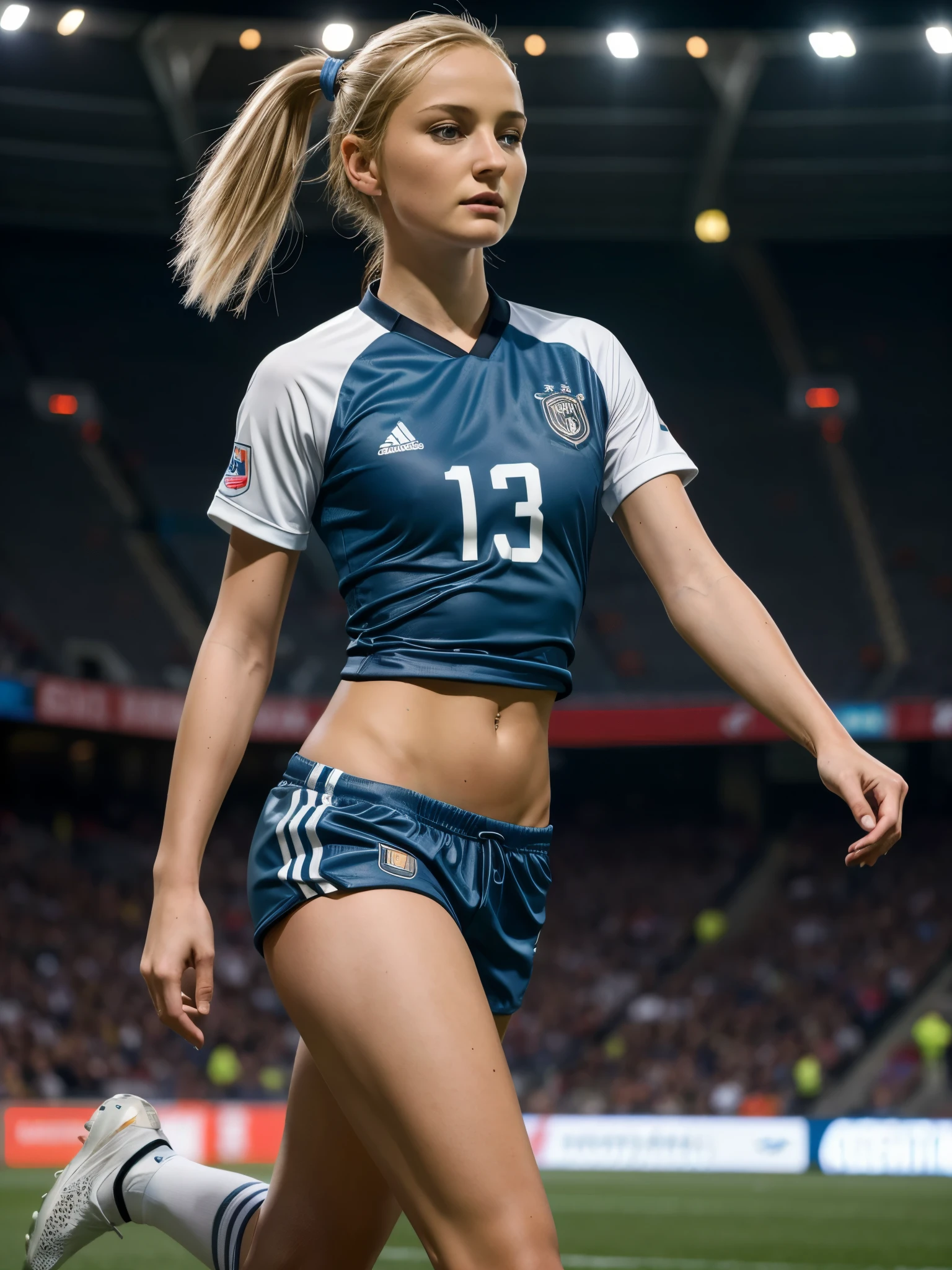 Imagine a beautiful 20 years old german girl, slender athlectic body, beautiful face, Playing soccer in a soccer stadium, dark blonde short hair in a ponytail , cute blue-grey eyes, wearing a tight white soccer Jersey, wearing tight white soccer shorts, wearing soccer socks, wearing black soccer shoes, running towards the soccer ball, snowy atmosphere, Best quality, masterpiece, ultra high res, photorealistic, highly detailed, professional lighting hyper realistic, cinematic, RAW, sharp, 8k graphics, large stadium, full body, hyper close view, night time, parisdiam0nd