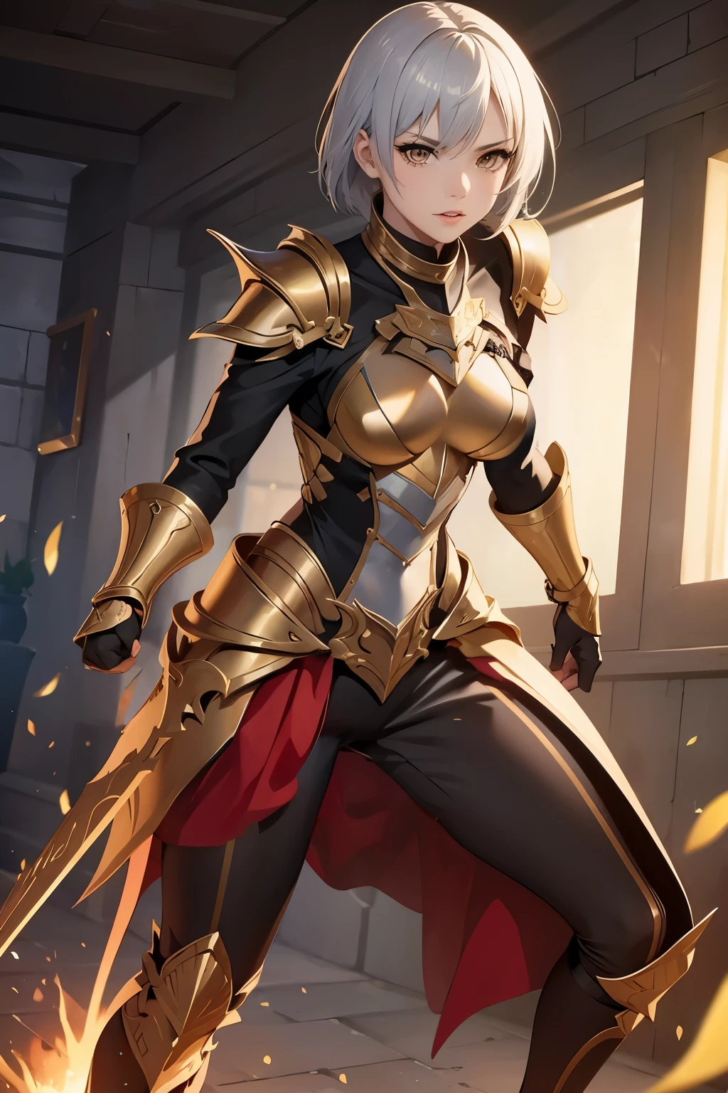(Perfect Anatomy)、Mastepiece、Ultra High Quality、 8K、masterpiece、Highest quality、Ultra-high resolution、Maximum resolution、Very detailed、Professional Lighting、anime、woman、thin、so beautiful、Highly detailed eye、Highly detailed face、Golden earrings、Blonde, hair bun, Yellow Eyes、Mid-chest,Valkyrie armor, full body, gold pattern, white super long boots, white long gloves, female martial artist, high heels, white clawed gauntlets, white cute headgear, fighting stance, gold knee armor, Conjuring storms with storm magic, powerful pose