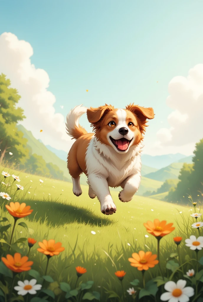 A cute and playful dog in a sunny meadow, with fluffy fur and a wagging tail. The dog is running happily through the grass, surrounded by wildflowers. The sky is bright and clear, with a few soft clouds floating by. The sunlight creates a warm and inviting atmosphere.