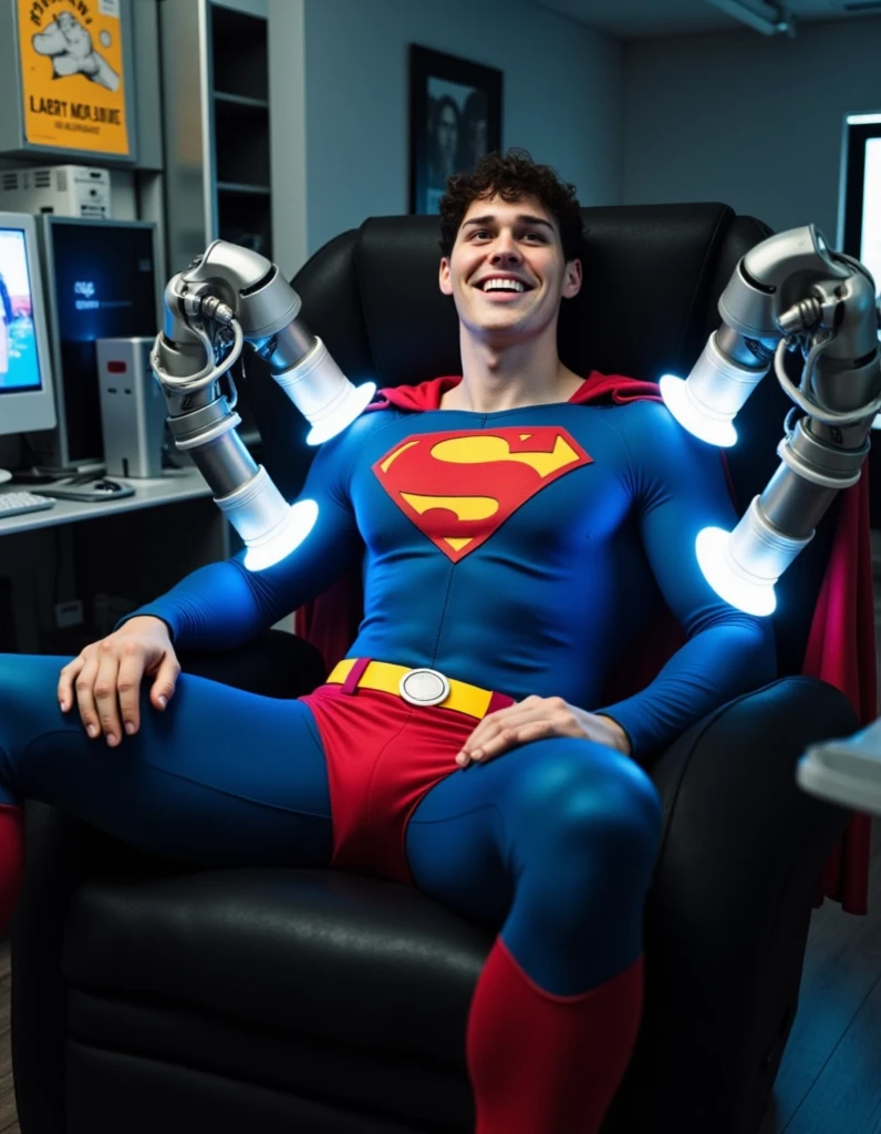 Superman wearing a classic Superman outfit , about 30 years old,sitting up on a laboratory armchair, futuristic robotic arms from armchair with suction heads penetrate his abdominal muscles body, emitting lights. bright with dim LED lighting, lean back, expression of joy. computer display Gay kissing man . not naked. milk flowing out, gay posters in the background.