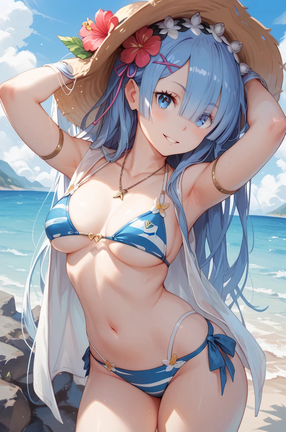 ((masterpiece, best quality)), high resolution,ultra detailed,8k,16k,detailed background, perfect lighting,detailed beautiful eyes, 1girl,solo,embarrassed,blush,show off nipple,steam,sweat,in heat,heavy breathing,saliva,drivel,(evil smile:1.2),look at viewer,(open mouth,oral,spread mouth,show oral:1.3),ahegao,close up face,(from above:1.2), (pov:1.4),(front view:1.2),show off breast,provocative eyes,fisheye lens,be breathless,stick tongue out,kneeling,slender,fair skin,small breast,hair ornament, green hair, twintails, long hair,(swimwear,sea,summer)