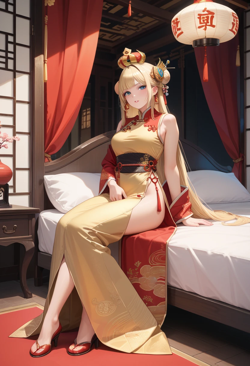 Anime girl in yellow dress, Yellow robe, cute anime waifu in a nice dress, seductive anime girls, yellow robes, hanayamata, Anime goddess, royal elegant pose, at pixiv, pixiv 3dcg, ((wearing aristocrat robe)), Inspired by Yang J, Anime waifu, trending on cgstation