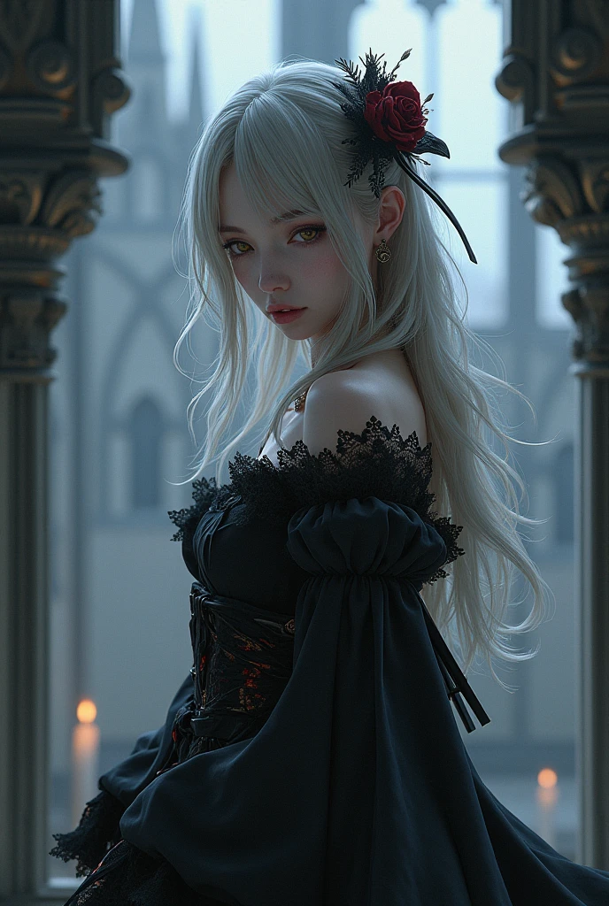 Anime girl posing in front of mirror with white hair and black dress, gothic maiden anime girl, Detailed digital anime art, 8K high quality detailed art, beautiful fantasy anime, gothic fantasy art, Fantasy art style, 2. 5 D CGI anime fantasy artwork, dark fantasy style art, Guviz-style artwork, NeoArtcore和Charlie Bowater(charlie bowater)
