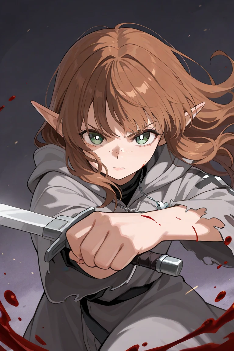 anime style, 1 girl 20 years old, elf, long brown hair, wavy bangs, green eyes, white pupils, serious look, freckles on her nose, gray robe, torn robe, blood, gray hood, long sword, fighting stance, silver cross necklace, ashes and dawn, gloomy background