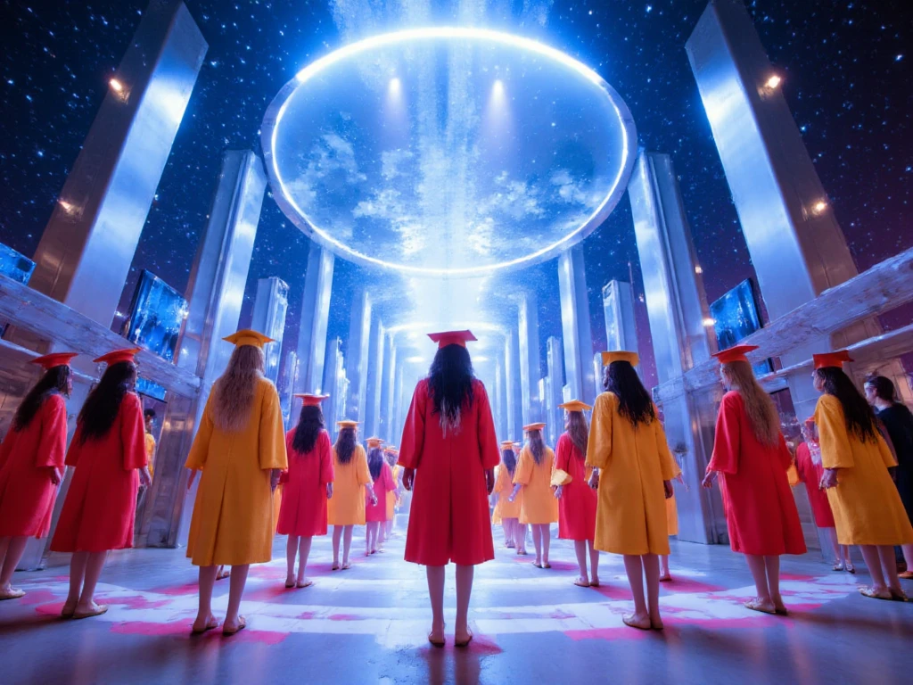 A bright graduation ceremony set in a futuristic space environment. The scene features a diverse group of young individuals, adorned in brightly colored ceremonial outfits that blend traditional elements with high-tech accessories. The backdrop is a stunning cosmic vista, filled with swirling galaxies and stars, simplified by ethereal lighting that casts an otherworldly glow over the participants. The atmosphere is a mix of excitement and solemnity, as each individual stands in a designated area of the ceremony, with holographic symbols representing their unique journeys projected around them. Silvery, sleek architectural structures are visible in the background, enhancing the futuristic feel of the scene. Soft beams of light radiate from above, emphasizing the importance of this revolutionary moment in their lives.