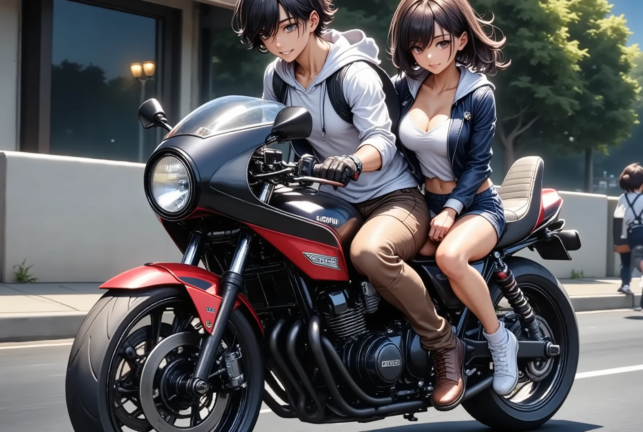 A couple riding a motorbike, (Dynamic shot, All within the frame), (A pair of men\A\ with women\B\, (\A is a man "asuka":1.3, he is wearing long length pant, driving a motorcycle in the front seat\), with (\B is The woman "haruna", she is Straddled on the back of the bike\), (\motorbike detailed is\ A large rocket cowl is attached to the front, The rear seats have been changed to three-tier seats with backrests)), The motorbike is zigzagging at a very fast speed, Crazy funky vibe, cool punk style, Bōsozoku