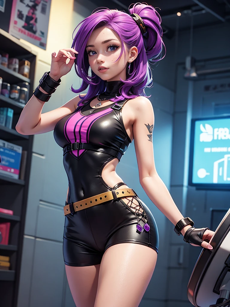 Gorgeous fierce gamer girl, Crop top sweater, skirt, Dark brown wavy hair, Purple highlights, Cyan accents, thick body, tan skin