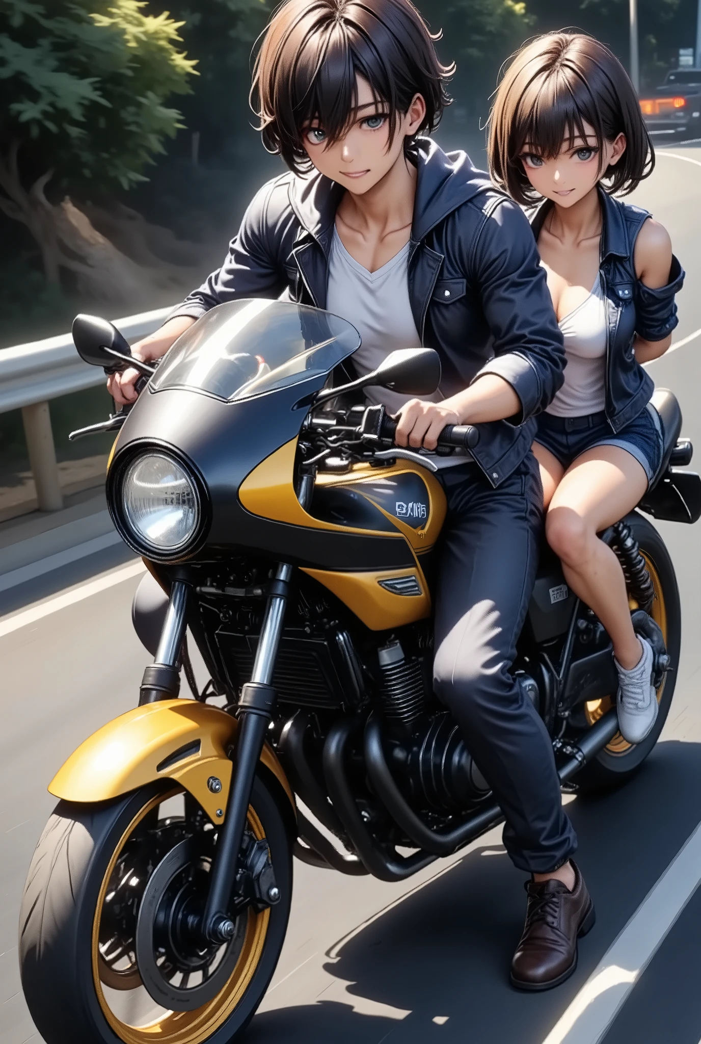 A couple riding a motorbike, (Dynamic shot, from above, super wide shot), (A pair of men\A\ with women\B\, (\A is a man "asuka":1.5, he is wearing long length pant:1.3, driving a motorcycle in the front seat, A is a boy\), with (\B is The woman "haruna", she is Straddled on the back of the bike\), (\motorbike detailed is\ A large rocket cowl is attached to the front, The rear seats have been changed to three-tier seats with backrests)), The motorbike is zigzagging at a very fast speed, Crazy funky vibe, cool punk style, Bōsozoku