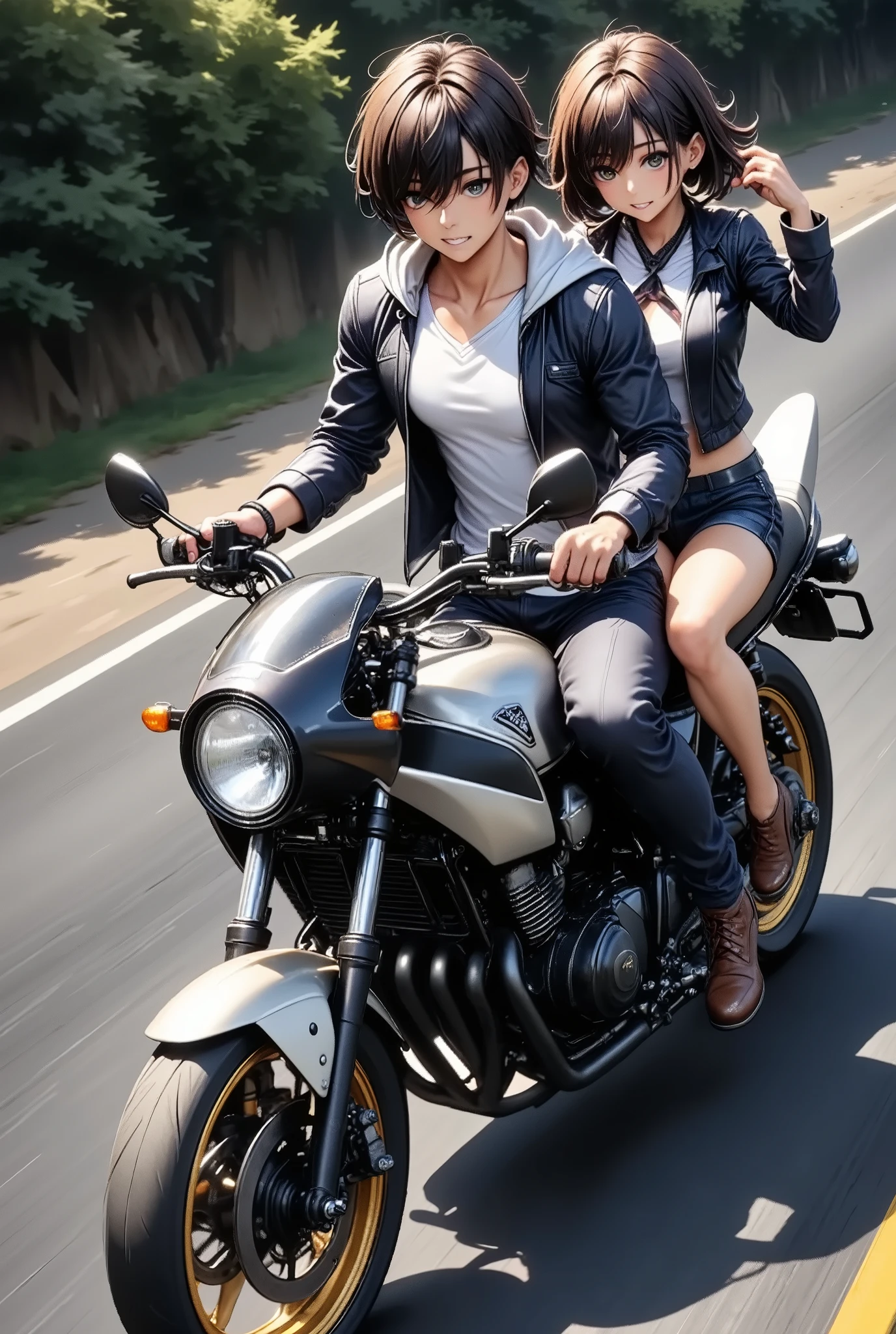 A couple riding a motorbike, (Dynamic shot, from above, super wide shot), (A pair of men\A\ with women\B\, (\A is a man "asuka":1.5, he is wearing long length pant:1.3, driving a motorcycle in the front seat, A is a boy\), with (\B is The woman "haruna", she is Straddled on the back of the bike\), (\motorbike detailed is\ A large rocket cowl is attached to the front, The rear seats have been changed to three-tier seats with backrests)), The motorbike is zigzagging at a very fast speed, Crazy funky vibe, cool punk style, Bōsozoku