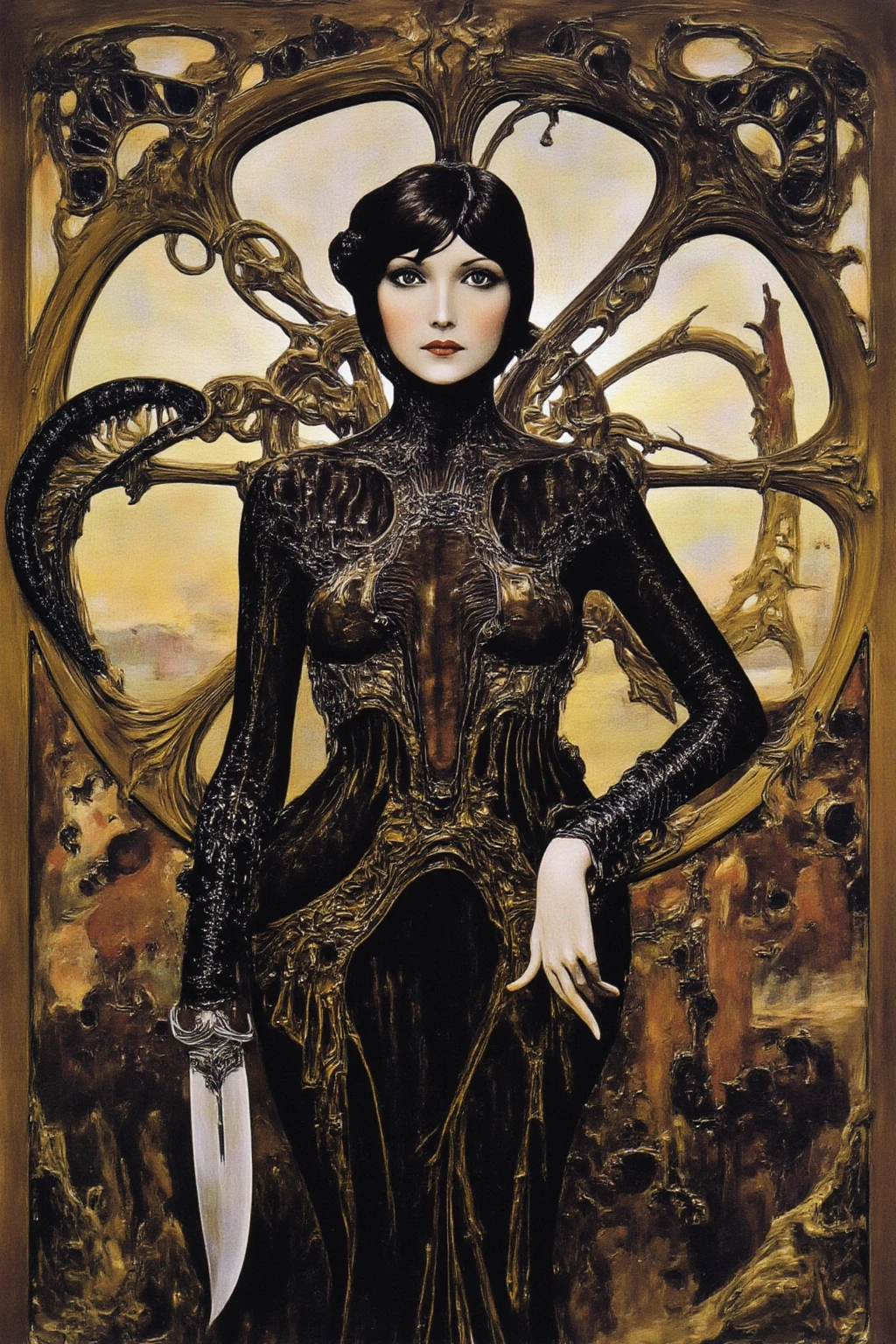  In a steampunk art nouveau spaceship .  An undercover spy , Hanging out in the shadows .  Wearing an amorphous suit formed by a thick black liquid living.  Equipped with a knife with a white blade and a black organic wrist .  almond eyes, iris orange, short black hair. 