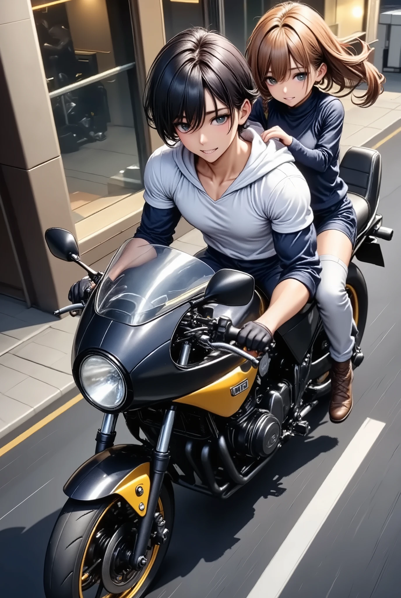 A couple riding a motorbike, (Dynamic shot, from above, super wide shot), (A pair of men\A\ with women\B\, (\A is a man "asuka":1.5, he is wearing long length pant:1.3, driving a motorcycle in the front seat, A is a boy\), with (\B is The woman "haruna", she is Straddled on the back of the bike\), (\motorbike detailed is\ A large rocket cowl is attached to the front, The rear seats have been changed to three-tier seats with backrests)), The motorbike is zigzagging at a very fast speed, Crazy funky vibe, cool punk style, Bōsozoku