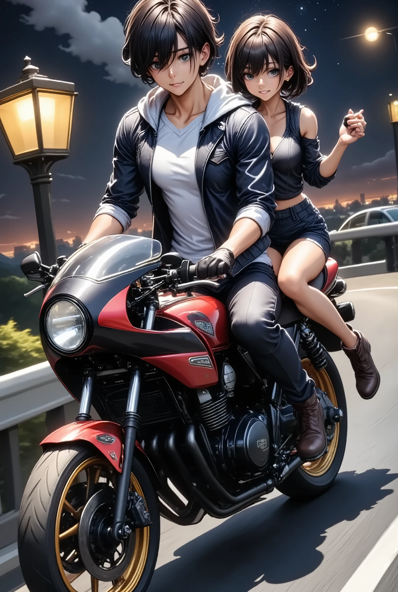 A couple riding a motorbike, (Dynamic shot, from above, super wide shot), (A pair of men\A\ with women\B\, (\A is a man "asuka":1.5, he is wearing long length pant:1.3, driving a motorcycle in the front seat, A is a boy\), with (\B is The woman "haruna", she is Straddled on the back of the bike\), (\motorbike detailed is\ A large rocket cowl is attached to the front, The rear seats have been changed to three-tier seats with backrests)), The motorbike is zigzagging at a very fast speed, Crazy funky vibe, cool punk style, Bōsozoku