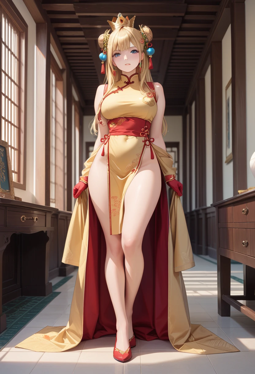 (red ribbon on hairband:1.2),masterpiece, best quality, highres, 1girl, solo, Blonde hair, RED eyes, High resolution, adult woman , good lighting, despicable, , (No nudity), (((China dress))), (((pointy_groin,underboob,from below))), ((())), (garter belt), abdomen only, (), , cute face,embarrassed and blush, humiliating, ((See-through))()(T-back)(a large amount of is on the body,)