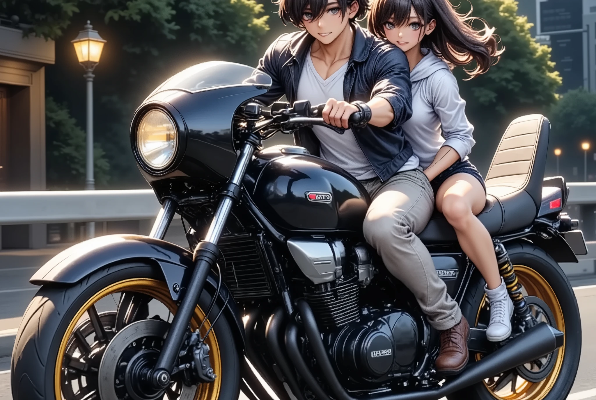 A couple riding a motorbike, (Dynamic shot, from above, All in frame), (A pair of men\A\ with women\B\, (\A is a man "asuka":1.5, he is wearing long length pant:1.5, driving a motorcycle in the front seat\), with (\B is The woman "haruna", she is Straddled on the back of the bike\), (\motorbike detailed is\ A large rocket cowl is attached to the front, The rear seats have been changed to three-tier seats with backrests)), The motorbike is zigzagging at a very fast speed, Crazy funky vibe, cool punk style, Bōsozoku