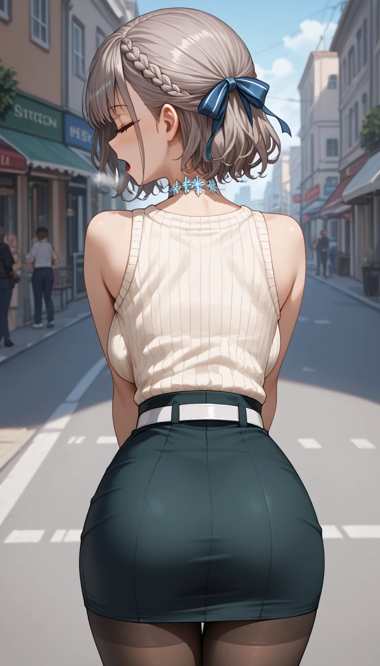 ultra-detailed, 1girl, solo, (((behind shot))), (((behind view))), [back shot], (((perpespective from behind))), shirogane noel, (masterpiece)), (best quality), (highres), 16K, braid, french braid, green eyes, grey hair, hair ribbon, ribbon, short hair, snowflake choker, wavy hair, mole, mole on breast, pantyhose, belt at waist, white belt, cute belt, official alternate hairstyle, sweater, sleeveless, high-waist skirt, pencil skirt, busty body, large breasts and a beautiful ass, showcasing cleavage, legs, hips, detailed face, detailed hair, detailed full body, street background, (((bending forward))), (standing up), (((hands touching knees))), exhausted, moaning, heavy breathing, worried expression, mouth open, ((eyes closed)), ((in peril)), ((struggling)), (in agony)