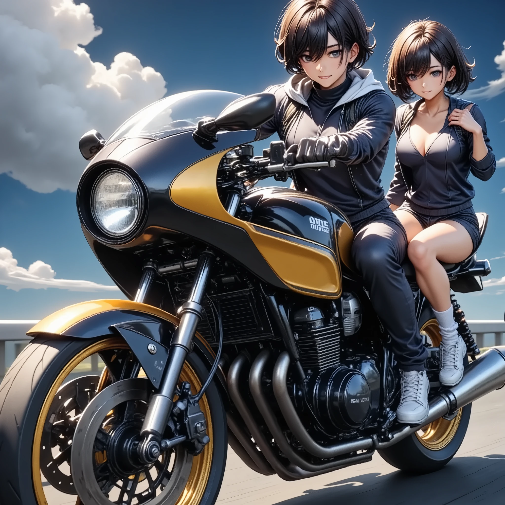A couple riding a motorbike, (Dynamic shot, from above, super wide shot), (A pair of men\A\ with women\B\, (\A is a man "asuka":1.5, he is wearing long length pant:1.3, driving a motorcycle in the front seat, A is a boy\), with (\B is The woman "haruna", she is Straddled on the back of the bike\), (\motorbike detailed is\ A large rocket cowl is attached to the front, The rear seats have been changed to three-tier seats with backrests)), The motorbike is zigzagging at a very fast speed, Crazy funky vibe, cool punk style, Bōsozoku