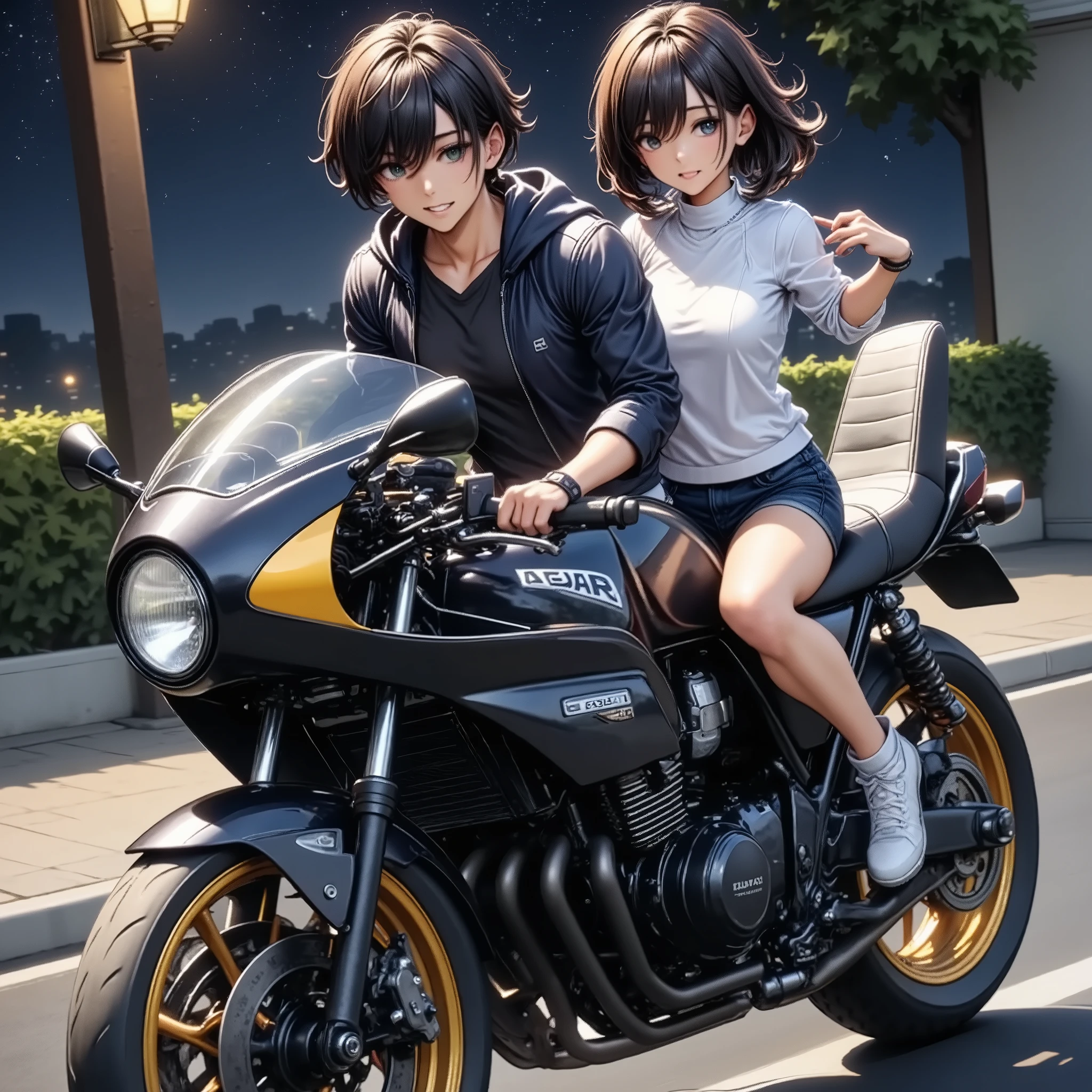 A couple riding a motorbike, (Dynamic shot, from above, super wide shot), (A pair of men\A\ with women\B\, (\A is a man "asuka":1.5, he is wearing long length pant:1.3, driving a motorcycle in the front seat, boyish\), with (\B is The woman "haruna", she is Straddled on the back of the bike\), (\motorbike detailed is\ A large rocket cowl is attached to the front, The rear seats have been changed to three-tier seats with backrests)), The motorbike is zigzagging at a very fast speed, Crazy funky vibe, cool punk style, Bōsozoku