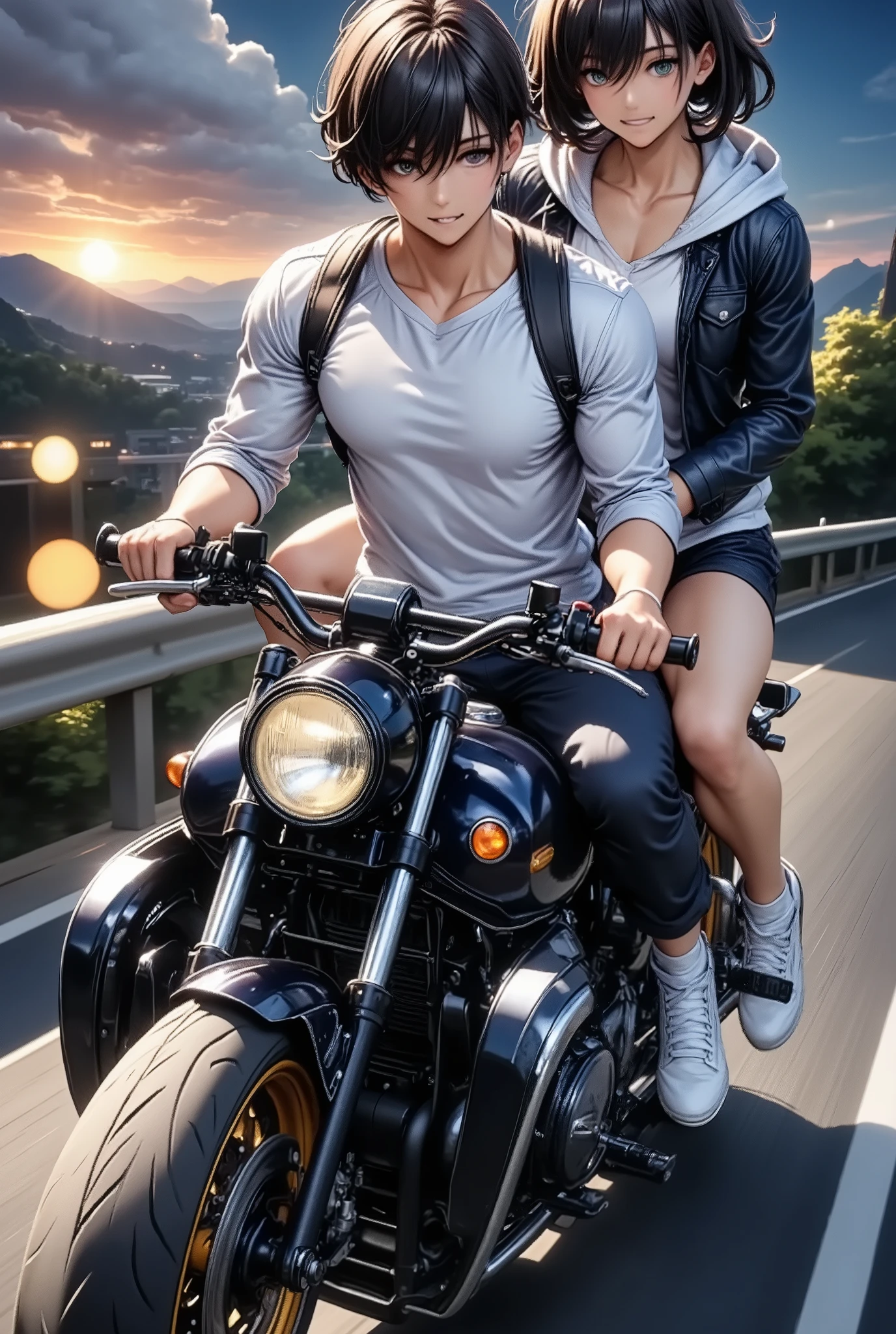 A couple riding a motorbike, (Dynamic shot, from above, super wide shot), (A pair of men\A\ with women\B\, (\A is a man "asuka":1.5, he is wearing long length pant:1.3, driving a motorcycle in the front seat, A is a boy\), with (\B is The woman "haruna", she is Straddled on the back of the bike\), (\motorbike detailed is\ A large rocket cowl is attached to the front, The rear seats have been changed to three-tier seats with backrests)), The motorbike is zigzagging at a very fast speed, Crazy funky vibe, cool punk style, Bōsozoku