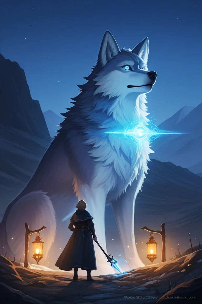 sorcerer holding a glowing lantern standing with magic wolf, digital art style, illustration painting, fantasy concept of a magic sorcere