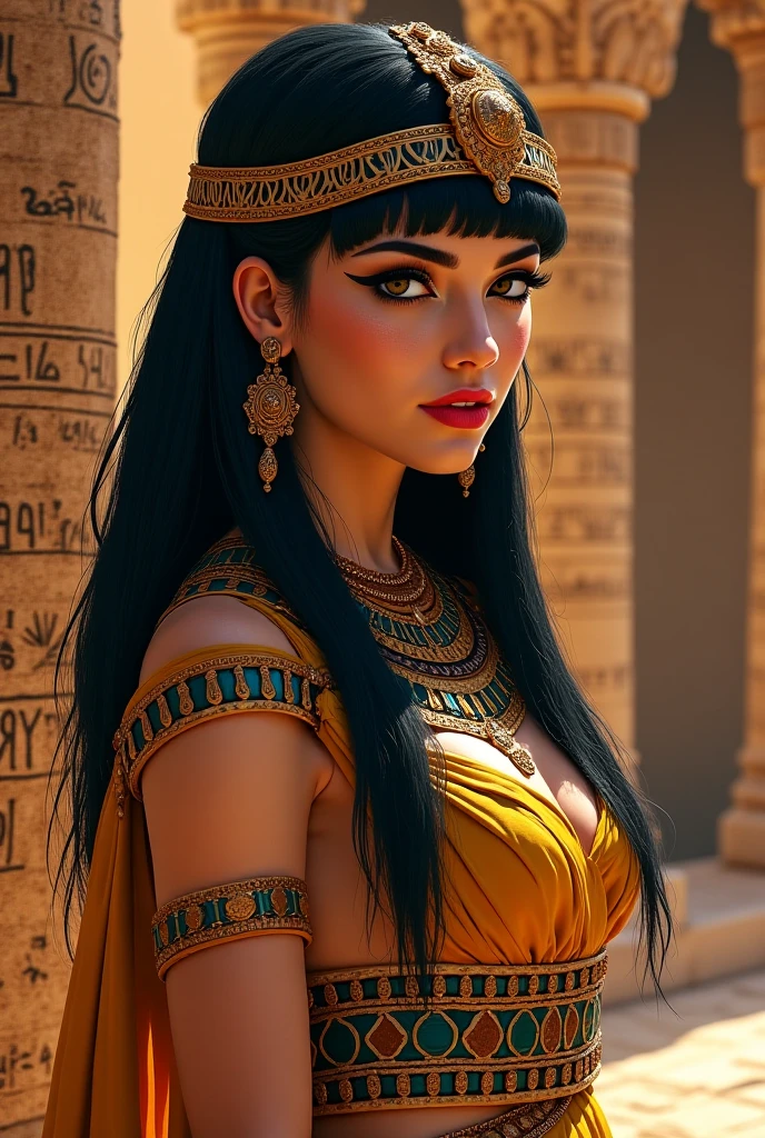 A portrait of a drop dead gorgeous Cleopatra, with intricate and detailed golden headdress adorning her bald head, dressed in a shimmering royal Egyptian gown, revealing her fit and slim waist, hourglass figure, and seductive curve, capturing her captivating and alluring gaze, with heavily lined and intense eye makeup, accentuating her elegance and power. HDR, dramatic lighting, with a cinematic shot, vivid colors, reminiscent of ancient Egyptian art, an ultra-realistic masterpiece. (events:1.1), antique, ancient Egypt, luxurious, royal, royalty, regal, powerful, Cleopatra, queens, majestic, historic, full body shot