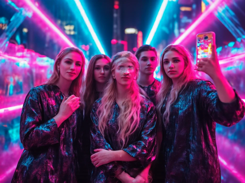 A group of friends celebrating their graduation in a bright, futuristic setting. Each friend is wearing unique, state-of-the-art graduation outfits that feature holographic designs and metallic accents. The friends are smiling joyfully, representing a sense of achievement and camaraderie. The background displays a high-tech cityscape with neon lights and advanced architecture. The lighting is bright and energetic, with colorful glows that enhance the celebratory mood. This memorable moment captures a sense of hope and excitement for the future, as they pose together for their selfie.