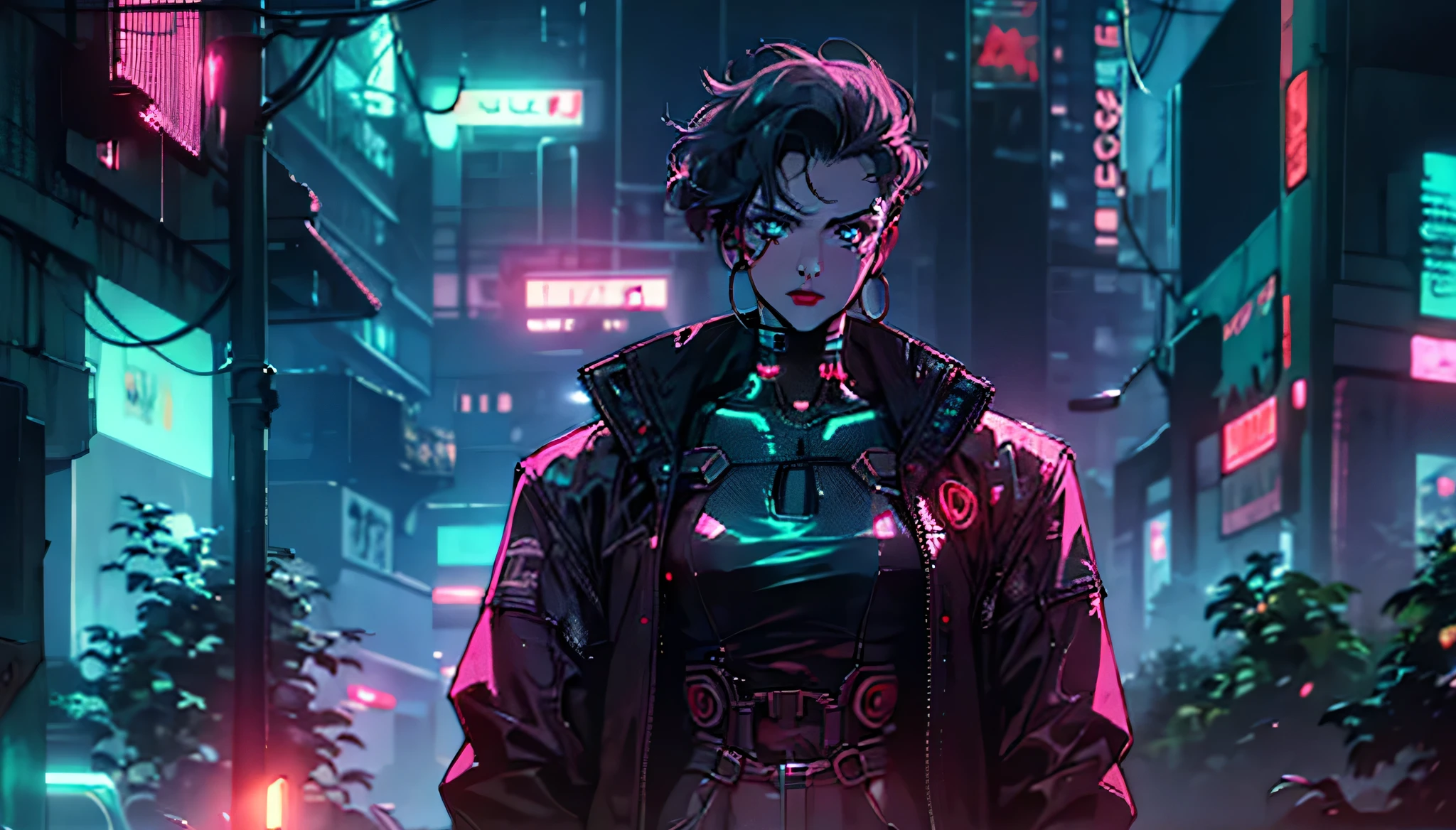 Cyberpunk, woman staying, Cyberpunk Hacker, future city, neon lights, Front view, Waist Shot, detailed face, detailed eyes