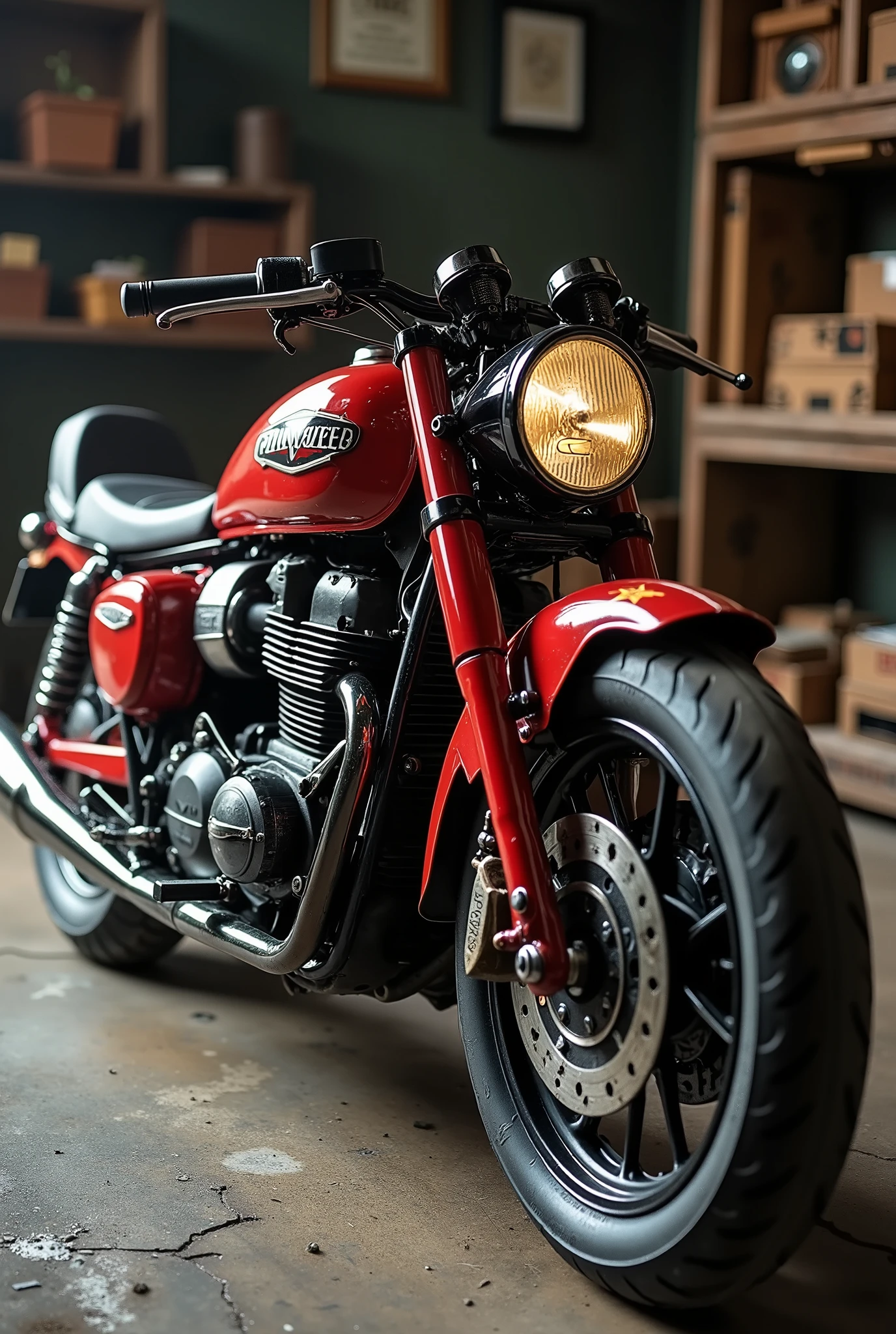 motorcycle, dynamic shot, Old model, Finely textured, glossy paint, Gloss, Detailed plating texture, Metal Reflection, BREAK A carefully maintained high-power engine, detailed, delicate, Aesthetic analog meter, BREAK: Old and dirty garage、Like new condition, Photograph the entire motorcycle from the front wheel side, wide shot, (shot from avove:1.3)