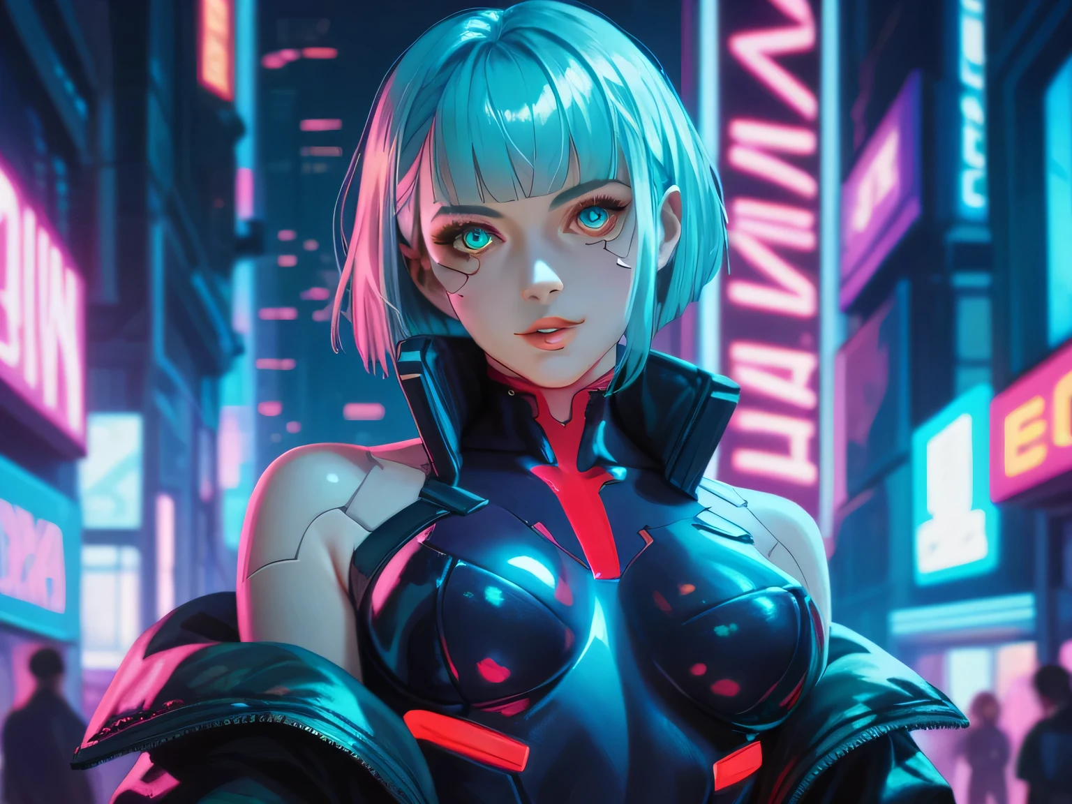 Cyberpunk, woman staying, Cyberpunk Hacker, future city, neon lights, Front view, Waist Shot, detailed face, detailed eyes