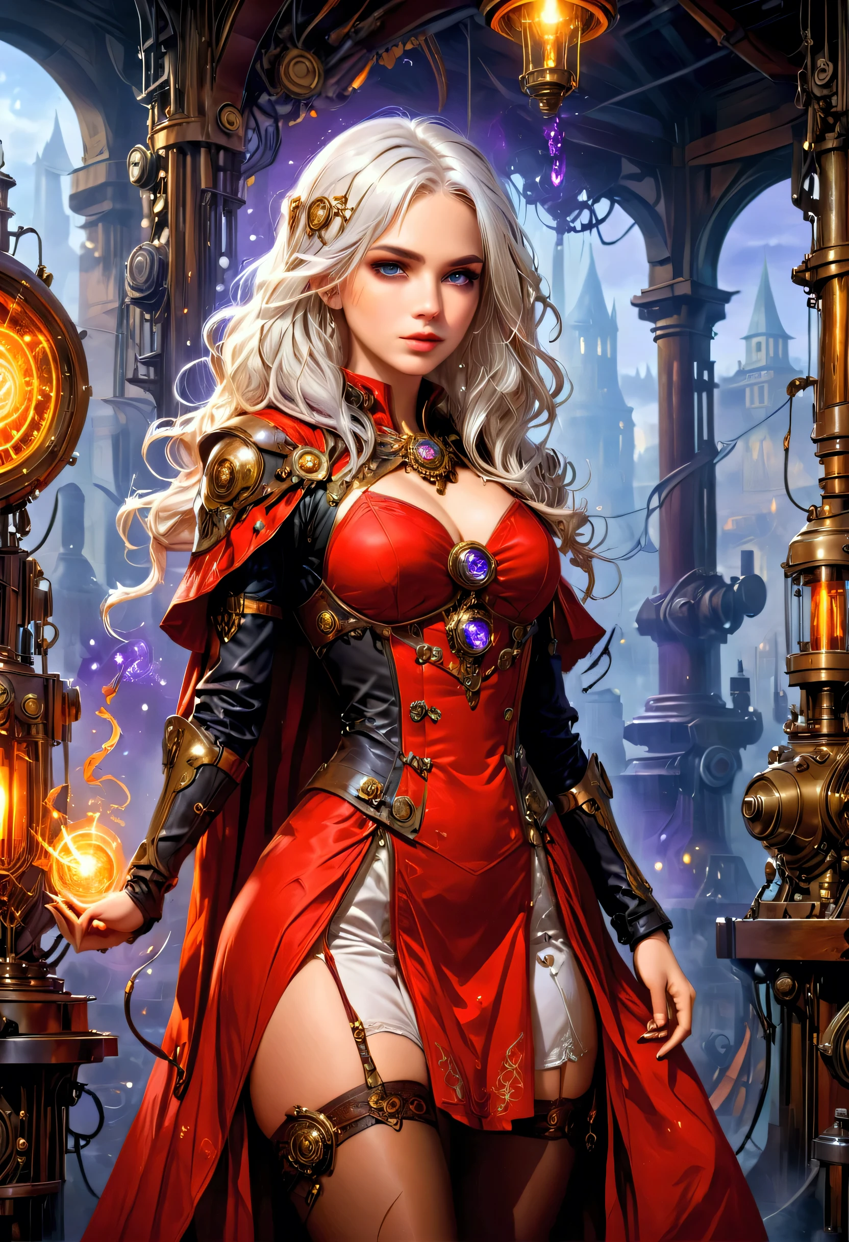 fantasy art, steampunk art, RPG art, photograph, RAW,  Best Detailed, picture of a mecha woman wizard, standing proudly, manipulating magical red fire, extremely beautiful woman (best Detailed, Masterpiece, Hyperrealistic: 1.5) full body,blond hair, rich hair, wavy hair, dynamic eyes color, wearing black and white dress, wearing (white cloak: 1.2), wearing (pantyhose: 1.2), wearing high heeled boots, laces boots, make up, steampunk laboratory background, ultra best realistic, best details, best quality, 16k, [ultra detailed], masterpiece, best quality, (extremely detailed), ultra wide shot, photorealism, depth of field, hyper realistic painting, GlowingRunes_purple, red fire, mechanical parts