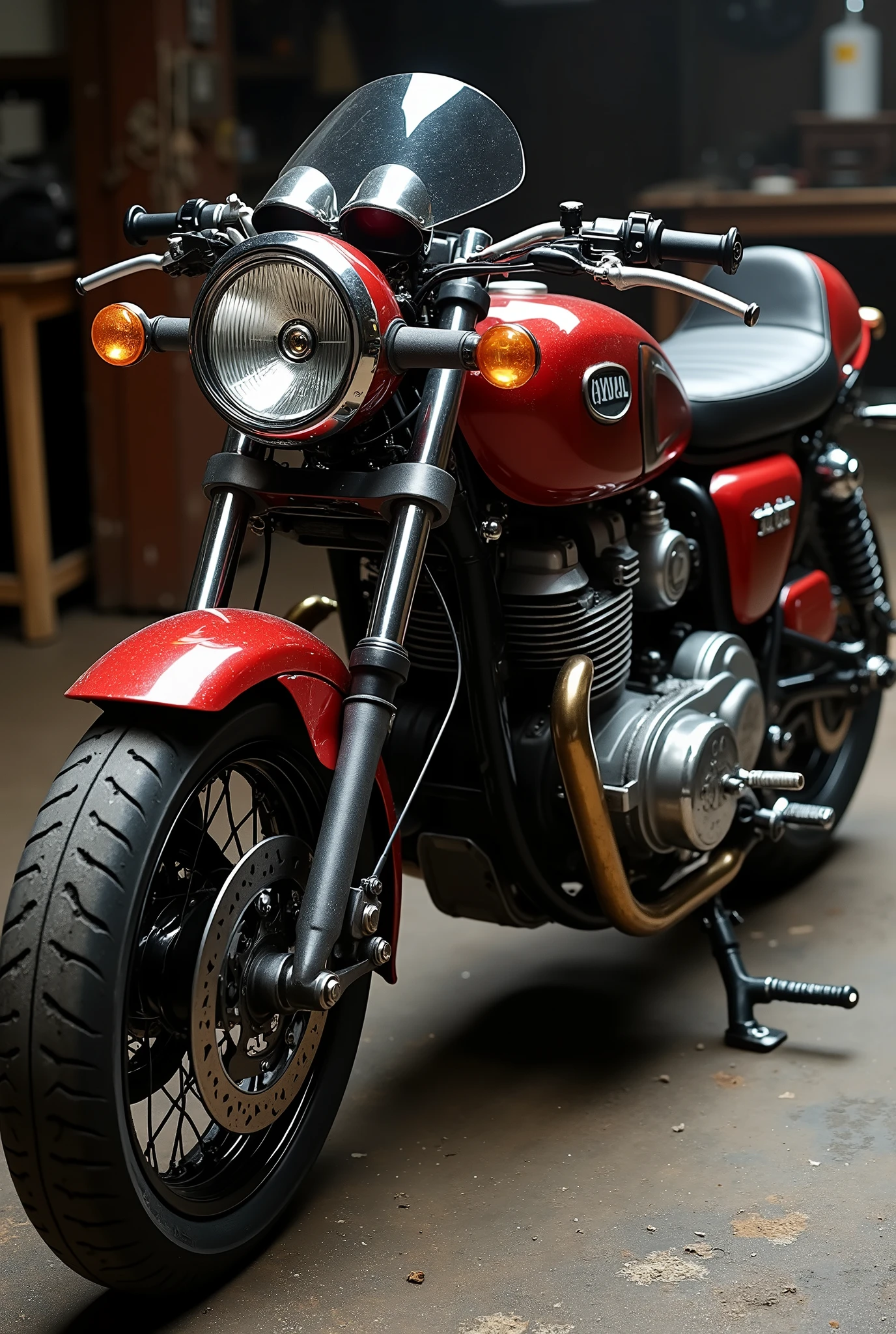 motorcycle, dynamic shot, Old model, Finely textured, glossy paint, Gloss, Detailed plating texture, Metal Reflection, BREAK A carefully maintained high-power engine, detailed, delicate, Aesthetic analog meter, BREAK: Old and dirty garage、Like new condition, Photograph the entire motorcycle from the front wheel side, wide shot, (shot from avove:1.3)