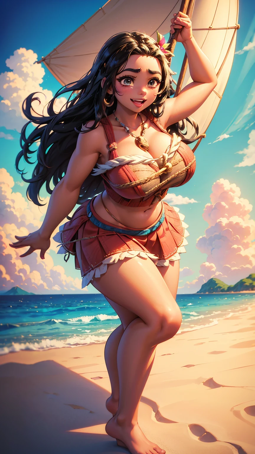 A disney character Moana, sailing on a boat, dynamic pose, Moana as adult, 30 years old, huge breasts, wide hips, tall, adult, cleavage, huge breasts, perfect face and body