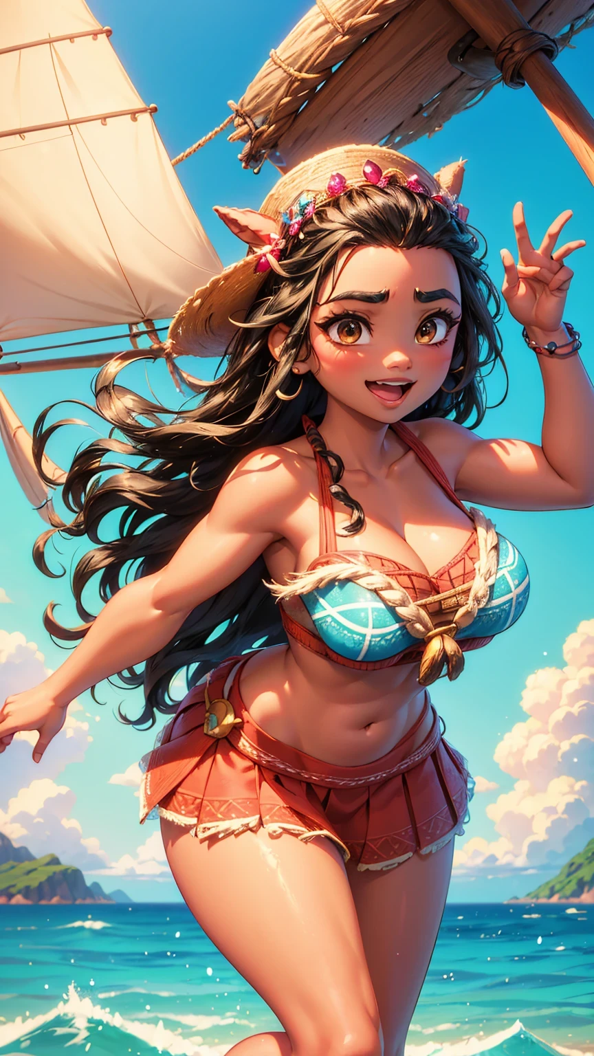 A disney character Moana, sailing on a boat, dynamic pose, Moana as adult, 30 years old, huge breasts, wide hips, tall, adult, cleavage, huge breasts, perfect face and body