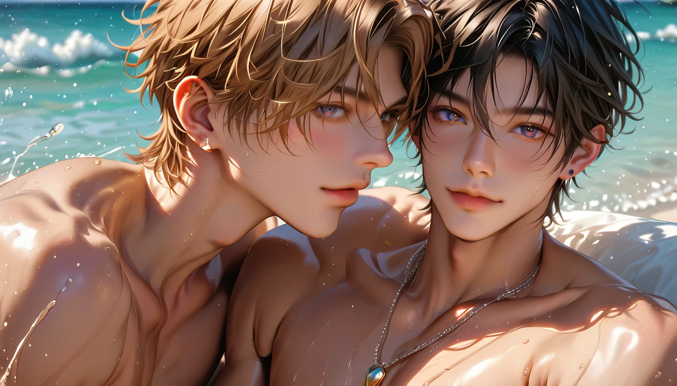 two sporty chinese boys are at the beach side completely naked, skinny body and slim great abs, completely hairless, slim, aged 20 old , looking shy but happy, fancy hairstyle, great visual detail and vivid romantic colors, cute face, slim legs. Sweet face expression while they are showing their penis, a boy is lying horizontally near the sea water at the romantic sunset light.