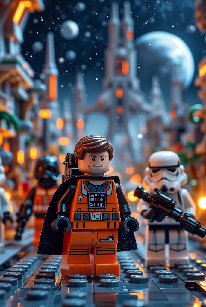 A Lego space colony in an epic space war scene. Show a pilot in a futuristic cockpit, alongside iconic characters like Darth Vader and Stormtroopers. The background features colorful Lego structures and spaceships, with stars and planets in the vast universe. The atmosphere is intense and dynamic, capturing the essence of intergalactic conflict.