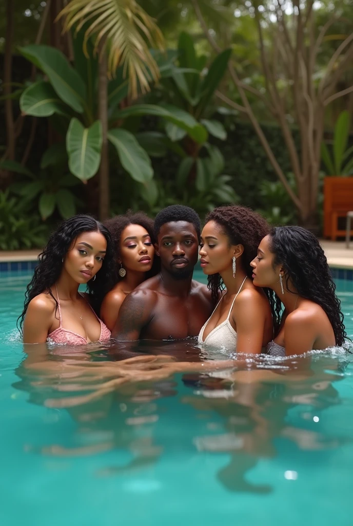 ((2 beautiful naked black women in hot tub with a black man cuddling)) 
