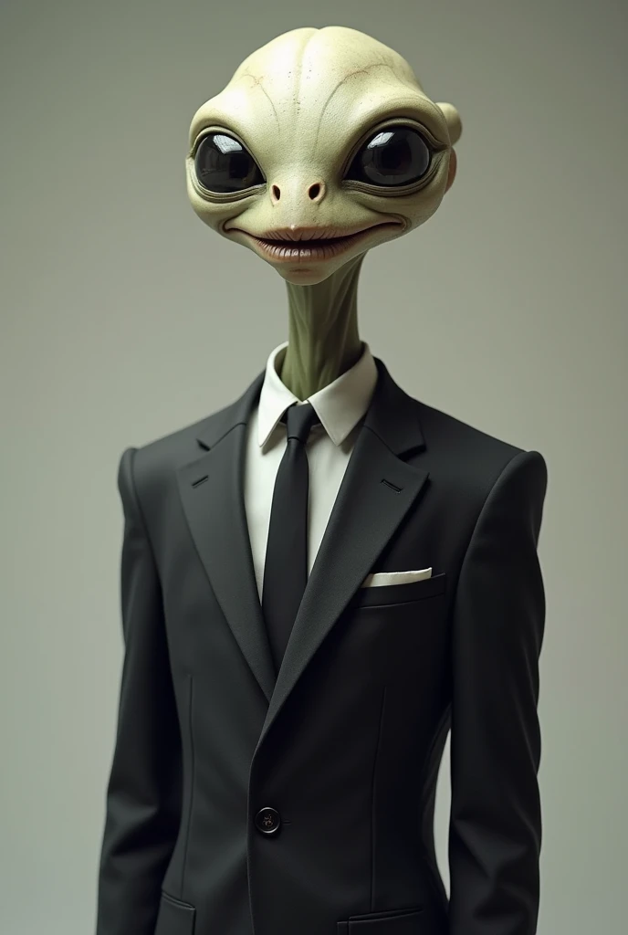 Alien with red eyes and green tongue in a white suit