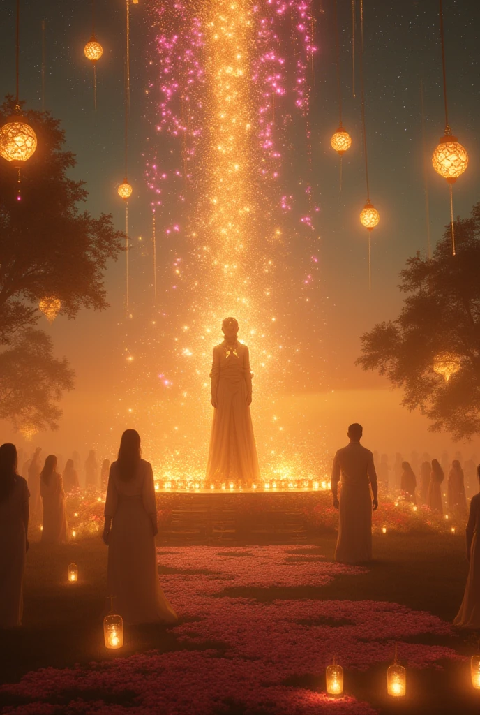 A magnificent coming-of-age ceremony captured in a surreal, dreamlike photograph. The scene is set in an open, vibrant meadow at twilight, with golden light cascading over intricate decorations and ceremonial artifacts arranged in elegant patterns. The central figure, adorned in traditional yet futuristic attire with glowing accents, stands poised on a pedestal surrounded by ethereal, floating particles that shimmer like fragments of time itself. Around them, family and friends form a semi-circle, their silhouettes softly illuminated by warm lanterns and glowing orbs suspended in the air. The sky is a mesmerizing swirl of gold, pink, and deep indigo, with streaks of stars forming constellations that seem to bless the moment. The ground is dusted with vibrant petals, while faint, translucent images of ancestors and symbols from their culture appear in the soft mist. The overall atmosphere is profoundly moving and magical, blending the timeless elegance of tradition with the wonder of futuristic aesthetics to immortalize the rite of passage.