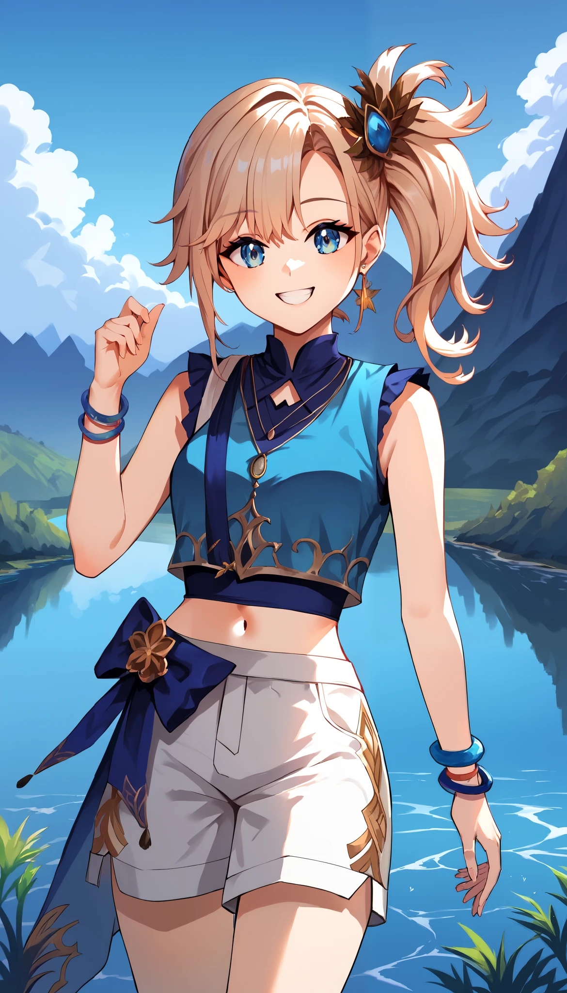 masterpiece, best quality, absurdres, perfect anatomy, 1girl, solo, Kobo3rd, side ponytail, bracelet, hair ornament, blue shirt, sleeveless, midriff, white shorts, standing, river, beautiful mountain background, ricefield, smile, outdoors,wear Indonesian traditional dress