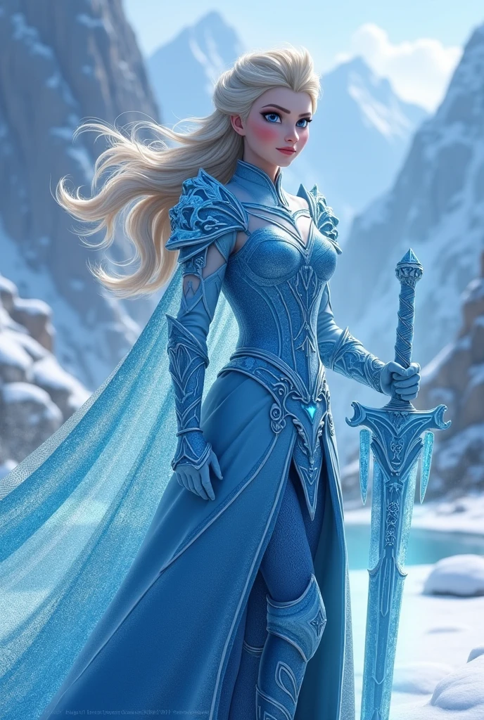 Elsa from frozen in a blue Knights armor wielding a sword and shield made of ice