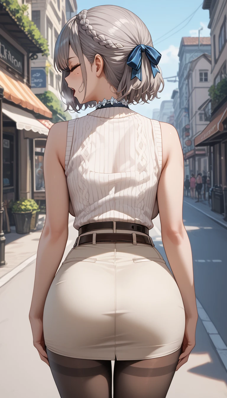 ultra-detailed, 1girl, solo, (((behind shot))), (((behind view))), [[back shot]], (((perpespective from behind))), shirogane noel, (masterpiece)), (best quality), (highres), 16K, braid, french braid, green eyes, grey hair, hair ribbon, ribbon, short hair, snowflake choker, wavy hair, mole, mole on breast, pantyhose, belt at waist, white belt, cute belt, official alternate hairstyle, sweater, sleeveless, high-waist skirt, pencil skirt, busty body, large breasts and a beautiful ass, showcasing cleavage, legs, hips, detailed face, detailed hair, detailed full body, street background, (((bending forward))), (standing up), (((hands touching knees))), exhausted, moaning, heavy breathing, worried expression, mouth open, ((eyes closed)), ((in peril)), ((struggling)), (in agony)