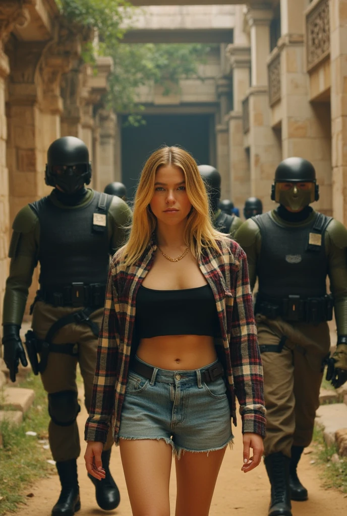 Milly Alcock,blonde hair,open flannel shirt,midriff black tanktop,demin shorts,escorted by Harkonnen soldiers,in a old abbandonate Mayan city