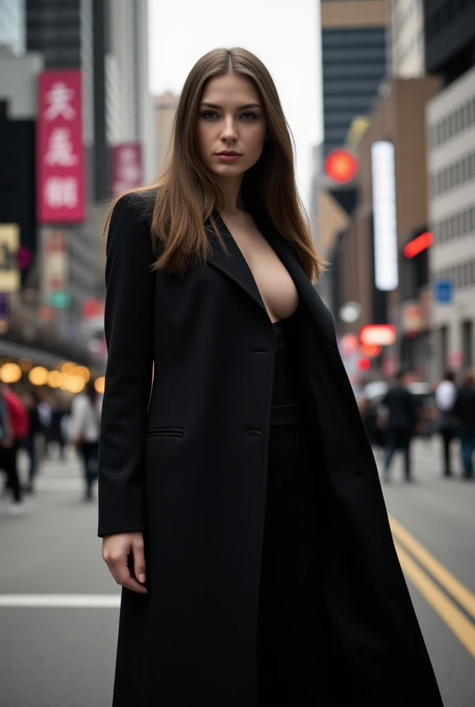 (Best quality,4K,A high resolution:1.2), Ultra-detailed,（full body shot shot）blonde-haired, extremely tall Prostitute, sexy skinny woman walked seductively on the street, Confident posture, Exceptionally long skinny legs, cityscape in the background, Dark and mysterious atmosphere, A vibrant and energetic scene, captivatinggaze, Strong presence, Elegant and sophisticated appearance, dynamic shadowing, subtle reflections, High contrast lighting, Modern and urban environment, Striking visual composition, Dramatic and avant-garde style, Special attention to detail, Rich depth of field, expressive facial features, Flawless makeup, Confident and seductive expression, High class woman, wearing opened business blazer, skirt and stockings,